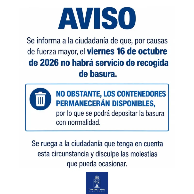 Confrides suspende la recogida de basura el 16 de octubre por fuerza mayor