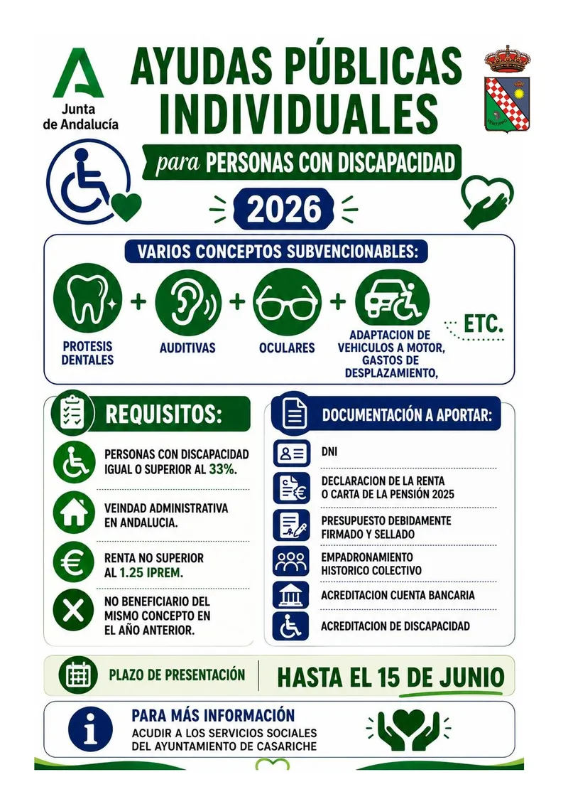 Casariche abre plazo para ayudas a mayores y personas con discapacidad