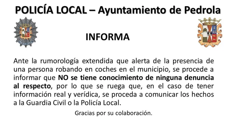Policía Local de Pedrola desmiente rumores sobre robos en vehículos