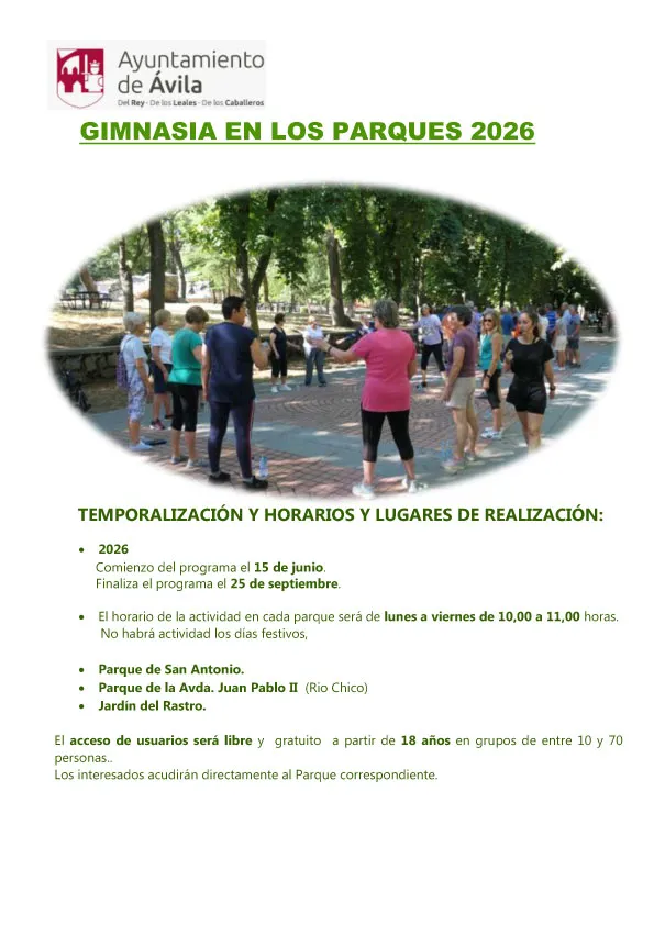 Ávila impulsa la salud con 'Gimnasia en los Parques' hasta finales de septiembre
