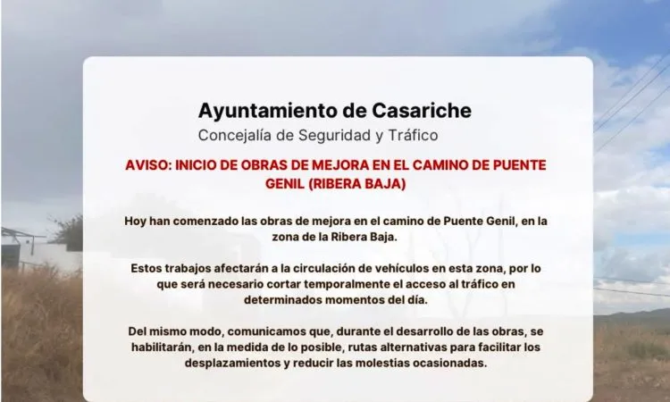 Obras en el camino de la Ribera Baja de Casariche cortarán temporalmente el tráfico