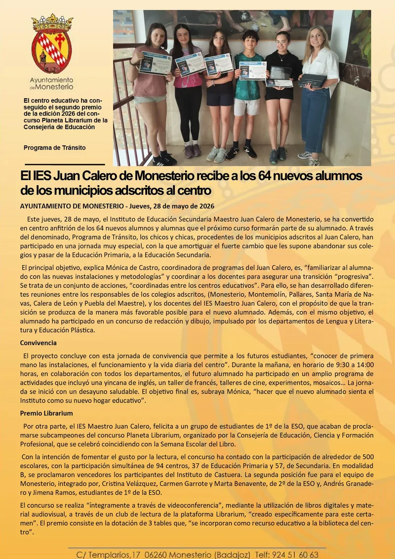 El IES Juan Calero de Monesterio da la bienvenida a 64 nuevos alumnos de municipios cercanos