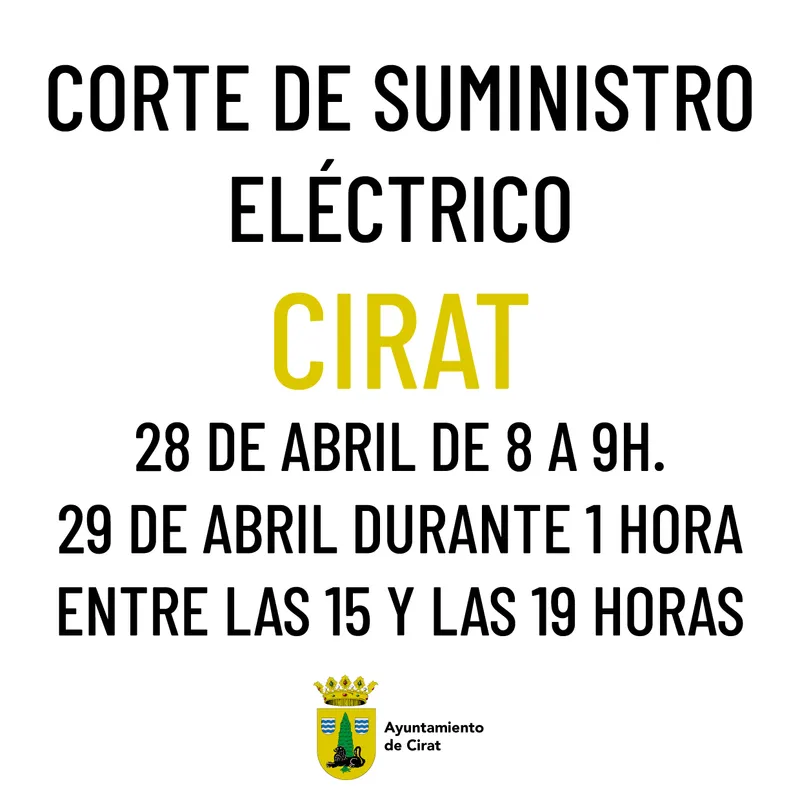 Cortes de suministro eléctrico programados en Cirat para el 28 y 29 de abril