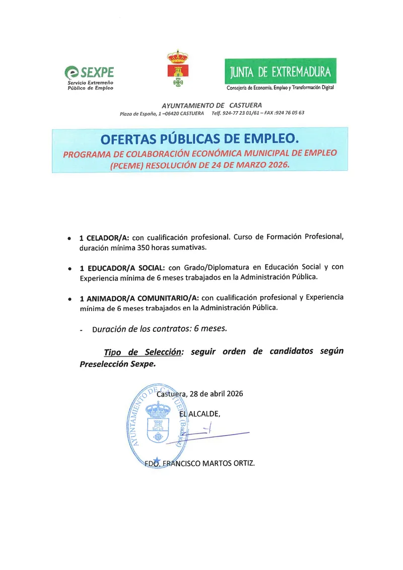 Castuera abre plazo para el Programa de Colaboración Económica Municipal de Empleo