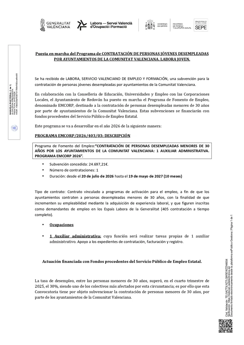 Redován impulsa el empleo juvenil con el programa EMCORP. LABORA JÓVEN