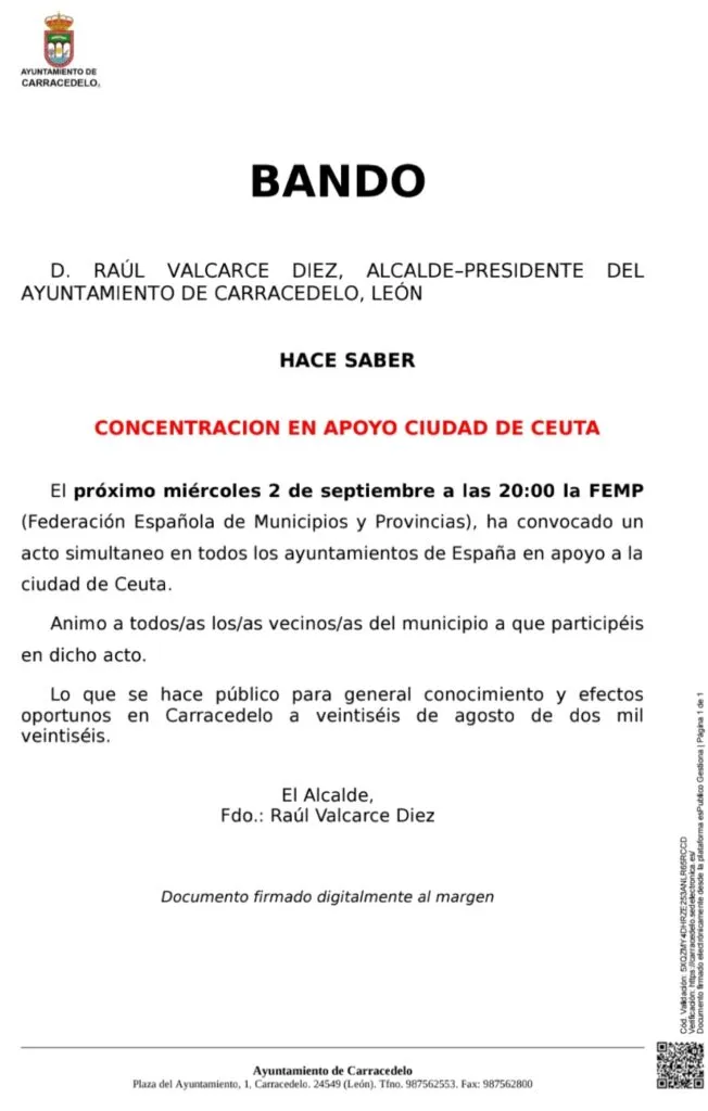 Carracedelo convoca concentración de apoyo a Ceuta