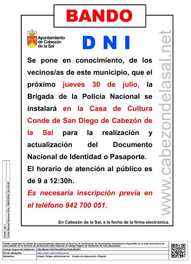 Cabezón de la Sal acoge la expedición y renovación del DNI y Pasaporte el 30 de julio