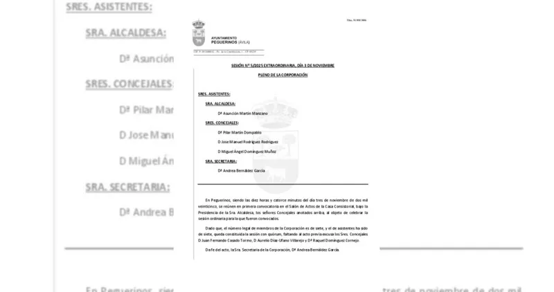 Peguerinos publica las actas de los plenos de noviembre de 2025 y febrero de 2026
