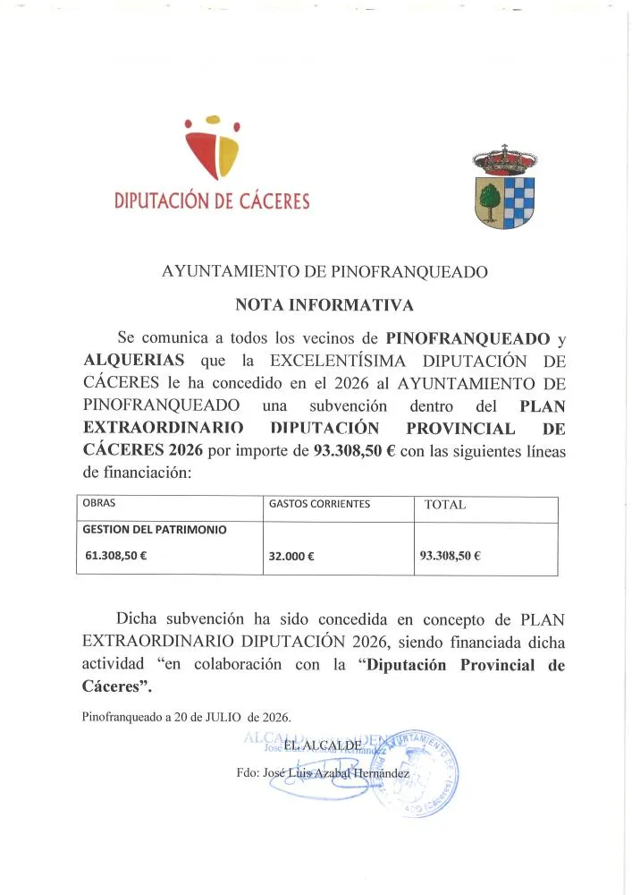 Pinofranqueado recibe 93.308 € de la Diputación de Cáceres para obras y gastos corrientes