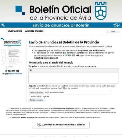 Diputación de Ávila facilita la publicación de anuncios en el Boletín Oficial Provincial