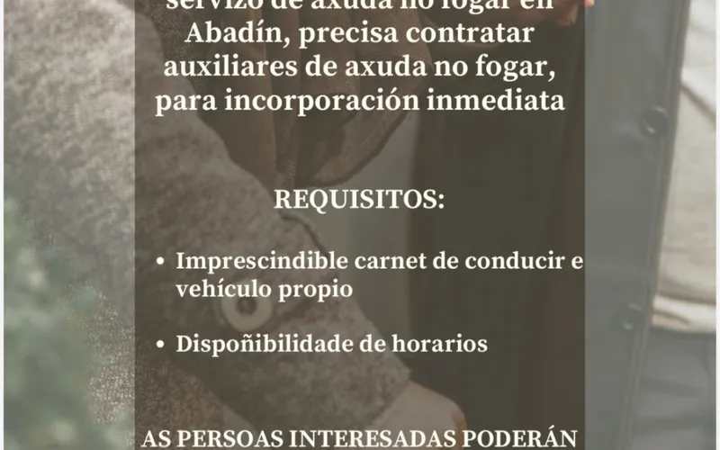 Abadín busca auxiliares de ayuda a domicilio con incorporación inmediata