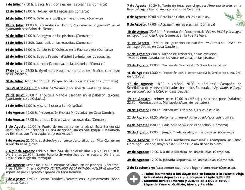 Celadas presenta su programa cultural de verano con torneos y actividades para todos