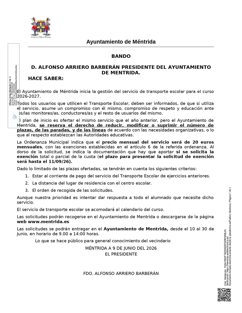 Méntrida abre el plazo para solicitar el transporte escolar del curso 2026-2027