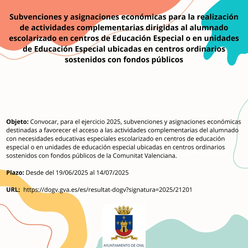 Ayudas económicas para actividades complementarias en centros de Educación Especial en Onil