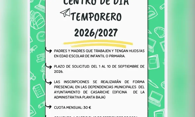 Casariche abre plazo para solicitar plaza en el Centro de Día Temporero para el curso 2026/2027