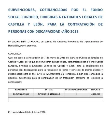 Hontalbilla recibe subvención para contratar a una persona con discapacidad