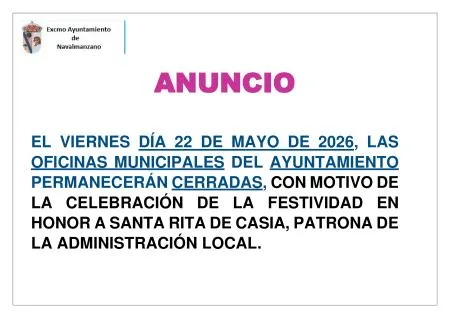 Navalmanzano cierra sus oficinas municipales el 22 de mayo por festividad