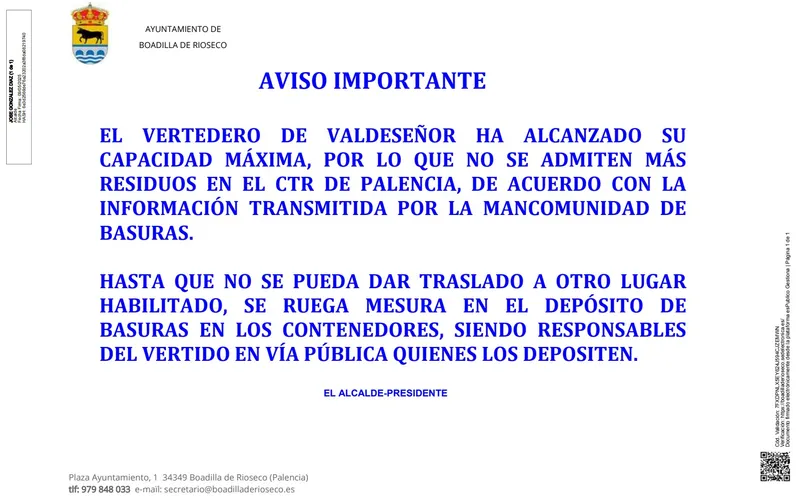 Boadilla de Rioseco recuerda la recogida de basuras los viernes