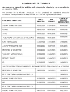 Colindres publica el calendario tributario para 2025