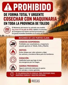 Prohibida la cosecha con maquinaria agrícola en Toledo por riesgo de incendios