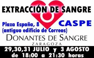 Caspe organiza una colecta de sangre masiva del 29 de julio al 3 de agosto