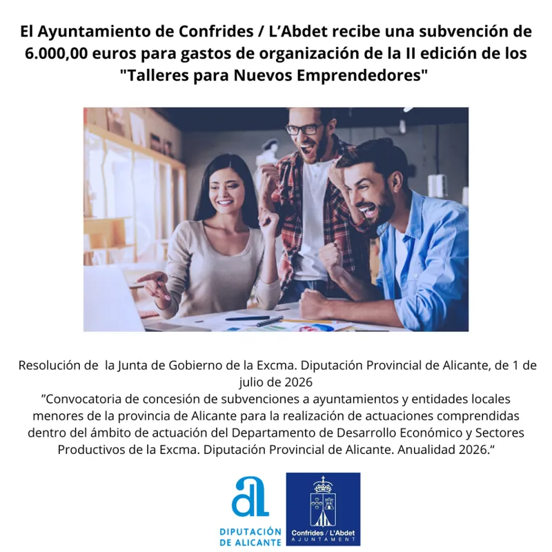 Diputación de Alicante concede 6.000€ para impulsar el emprendimiento en Confrides
