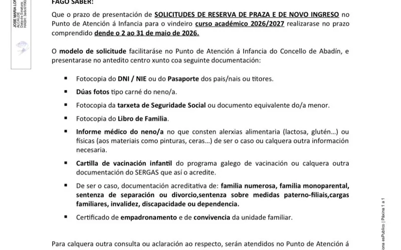 Abadín abre el plazo para inscribir a los más pequeños en el Punto de Atención á Infancia