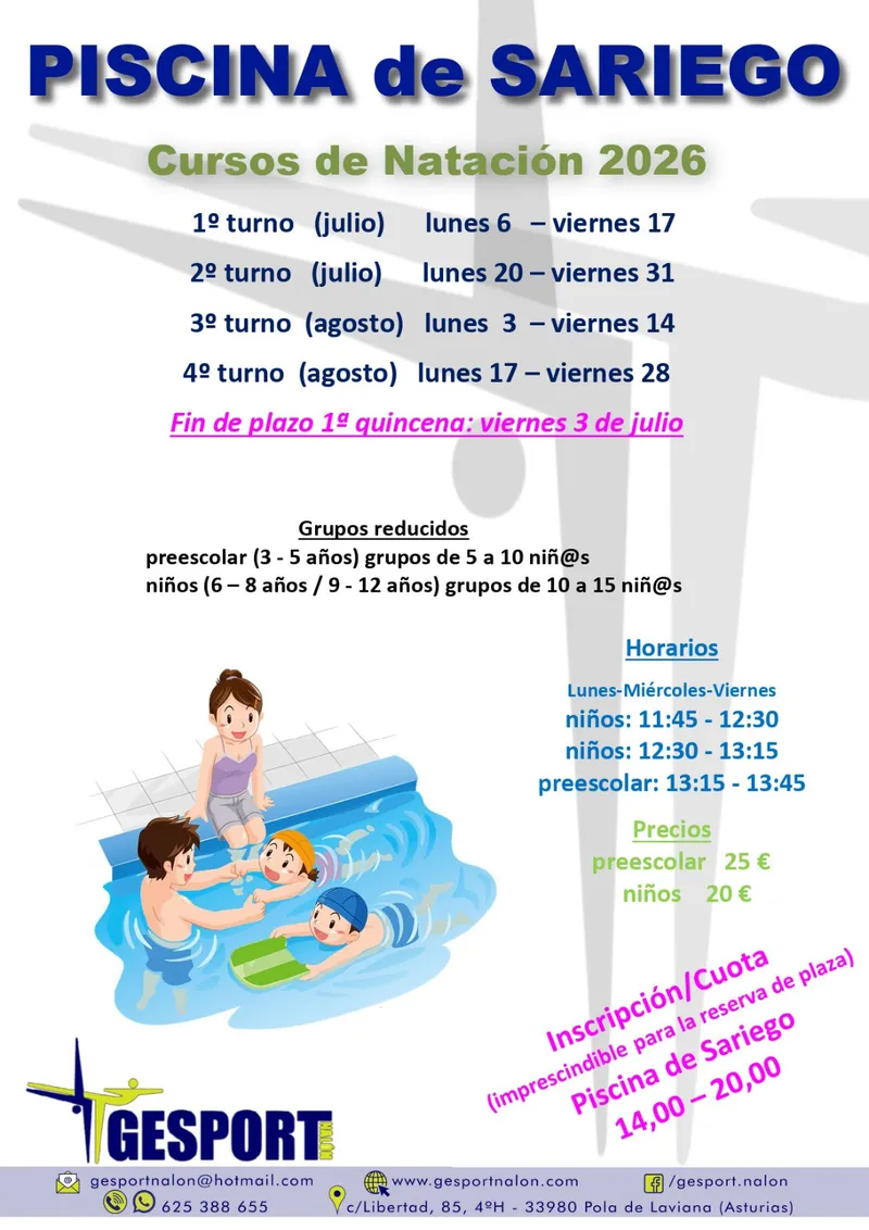 Arrancan los cursos de natación en la piscina de Sariego para el verano de 2026