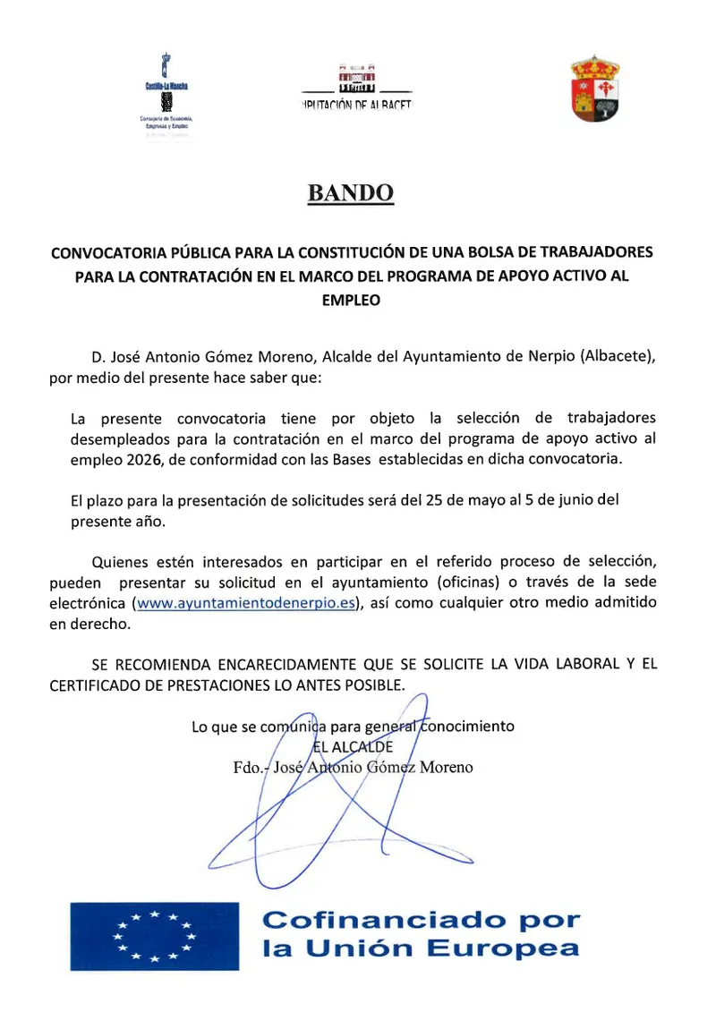 Nerpio abre bolsa de empleo para el programa de apoyo activo 2026