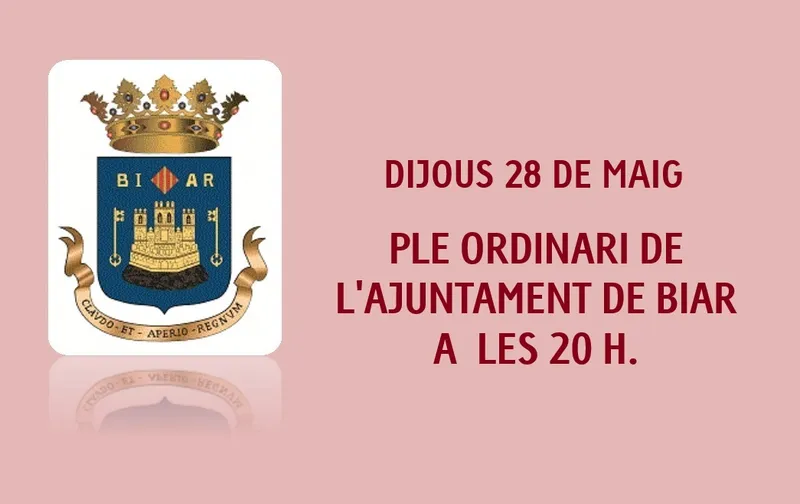 Biar convoca pleno ordinario para el 28 de mayo con modificaciones urbanísticas y de crédito