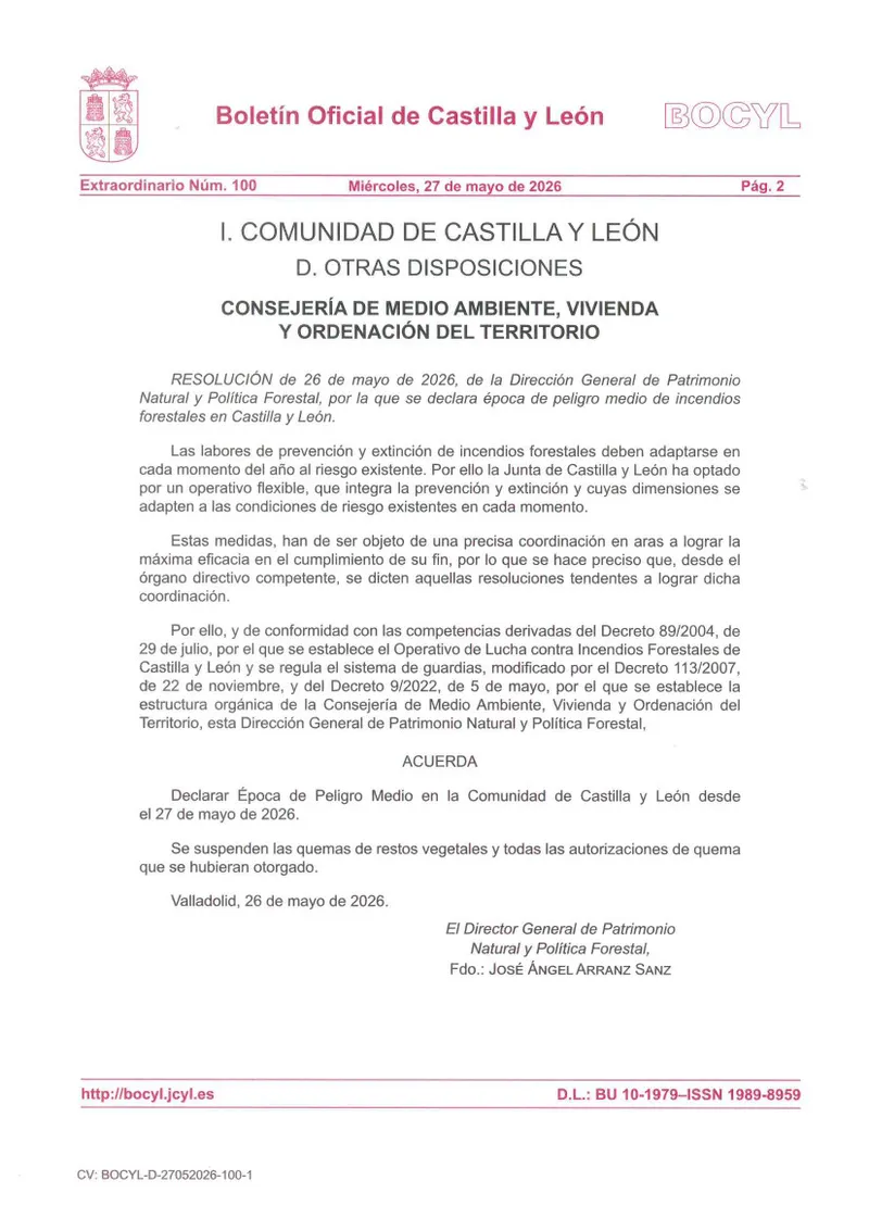 Castilla y León declara el nivel de peligro medio de incendios forestales