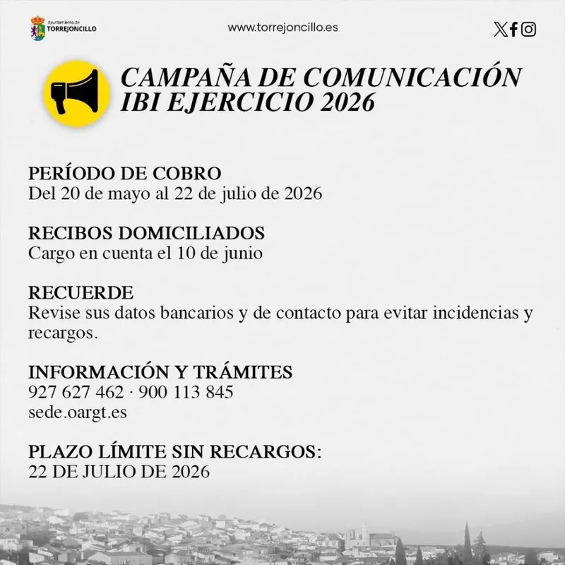 El Organismo de Recaudación de Cáceres abre el plazo para el pago del IBI 2026 en Torrejoncillo
