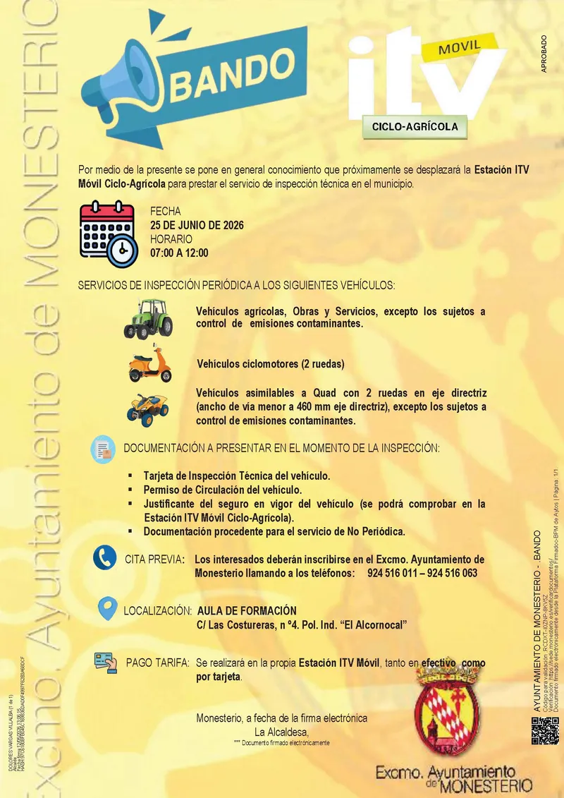 La ITV móvil agrícola visita Monesterio el 25 de junio
