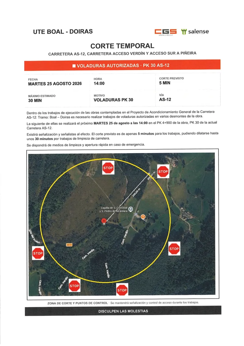 Corte de la AS-12 en Boal el 25 de agosto por voladuras controladas