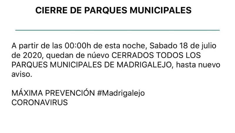 Madrigalejo cierra sus parques municipales hasta nuevo aviso