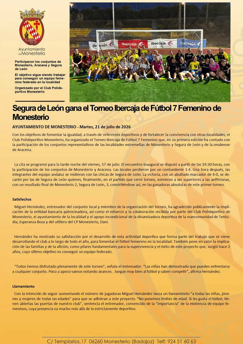 Segura de León se corona campeón del Torneo Ibercaja de Fútbol 7 Femenino en Monesterio