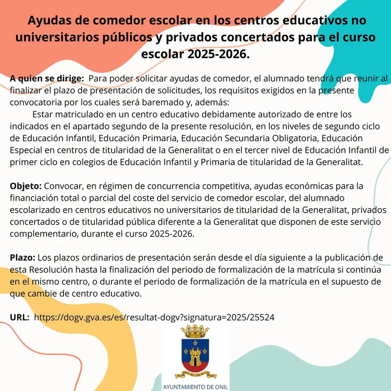 Abiertas las solicitudes para las ayudas de comedor escolar del curso 2025-2026