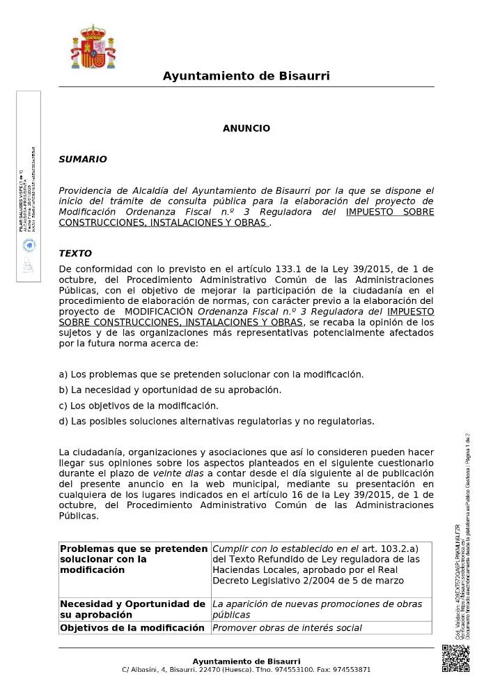 Apertura de consulta pública para la modificación de la Ordenanza del ICIO en Bisaurri
