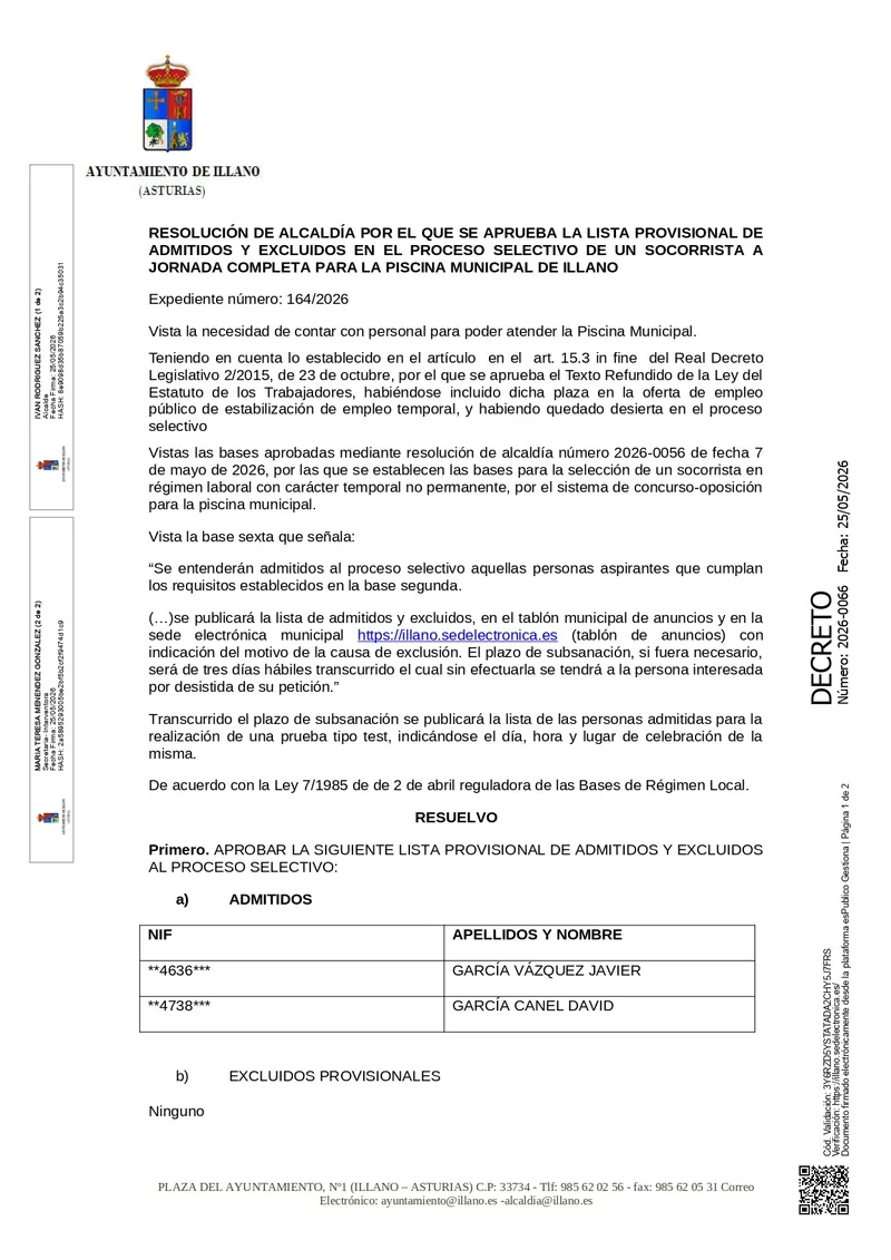 Illano publica la lista provisional de aspirantes a socorrista para la temporada 2026