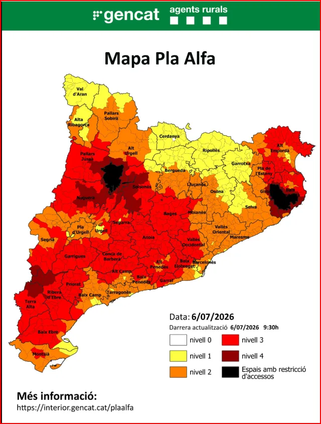 Canyelles activa el nivel 3 del Plan Alfa por alto riesgo de incendio forestal
