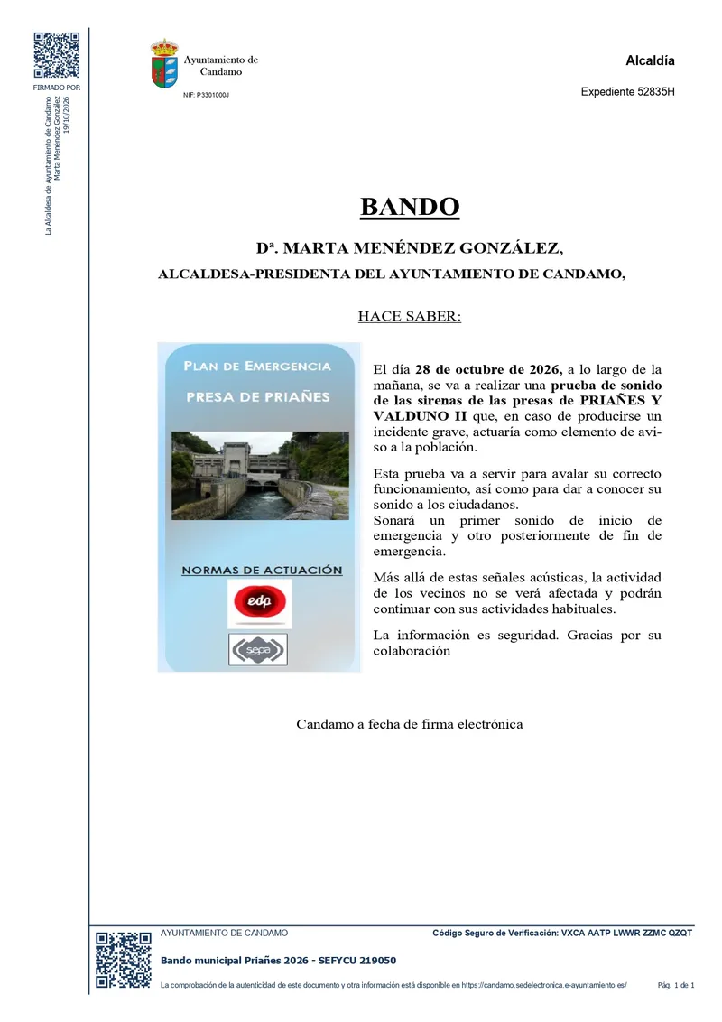 Candamo prueba las sirenas de alerta de las presas de Priañes y Valduno II