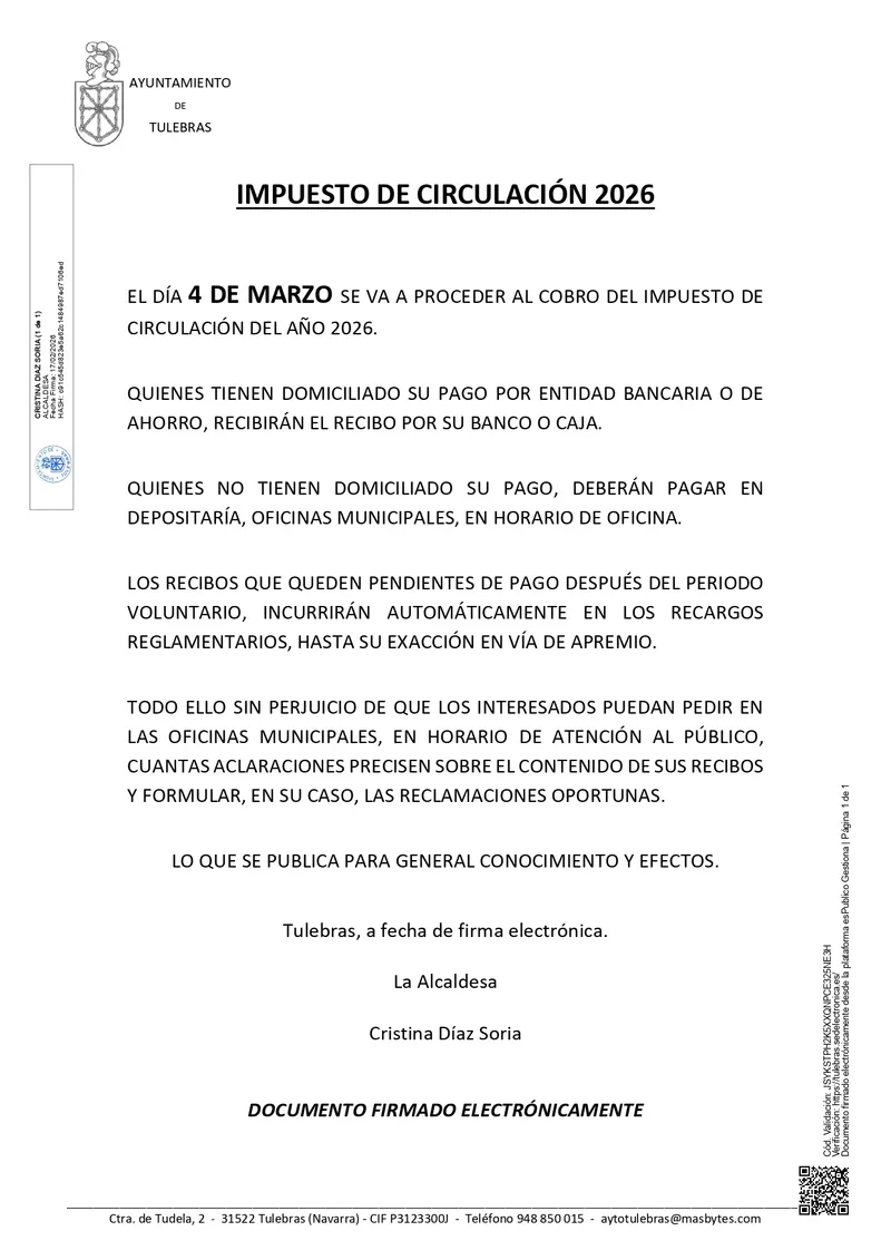 Tulebras anuncia el periodo de pago del Impuesto sobre Vehículos de Tracción Mecánica para 2026