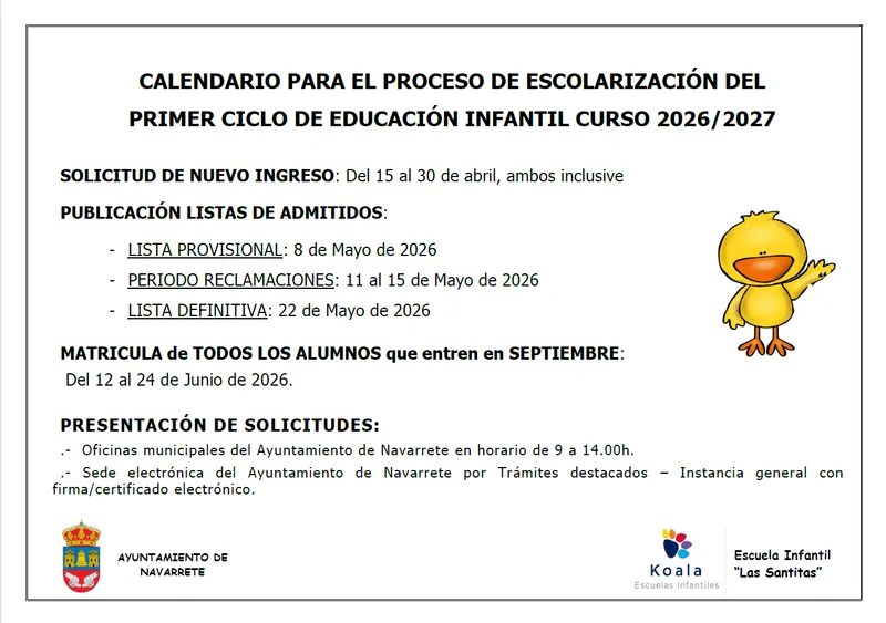 Navarrete abre el plazo para la escolarización infantil del curso 2026/27