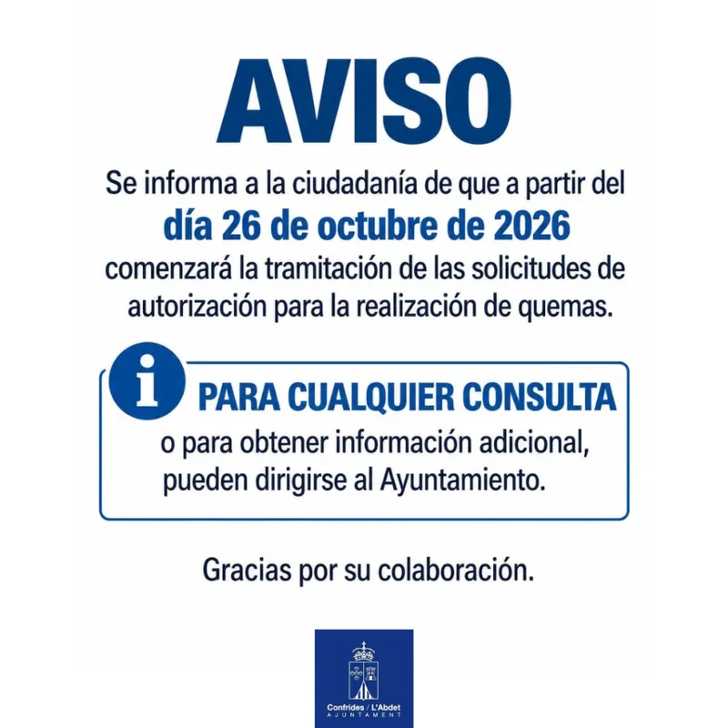 Confrides abre el plazo para solicitar autorizaciones de quemas a partir del 26 de octubre