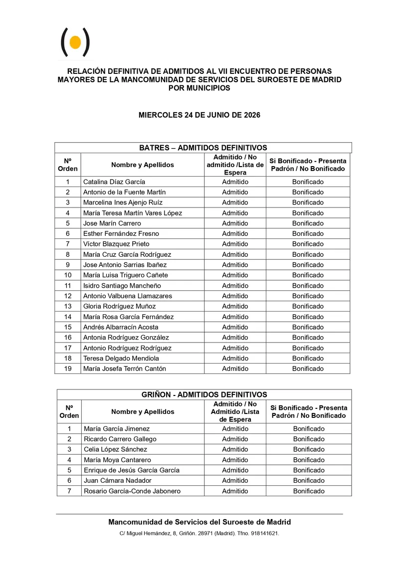Publicada la lista definitiva de admitidos al VII Encuentro de Mayores de la Mancomunidad Suroeste