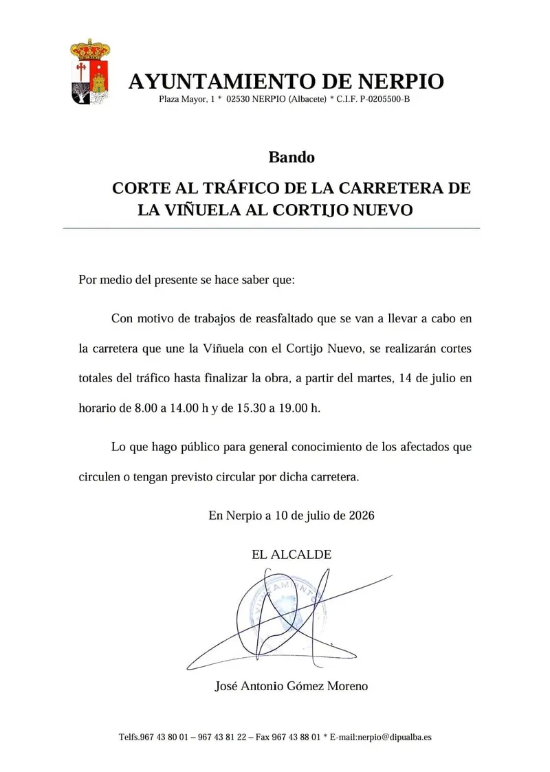 Nerpio: Corte de tráfico en la carretera de la Viñuela por obras de reasfaltado