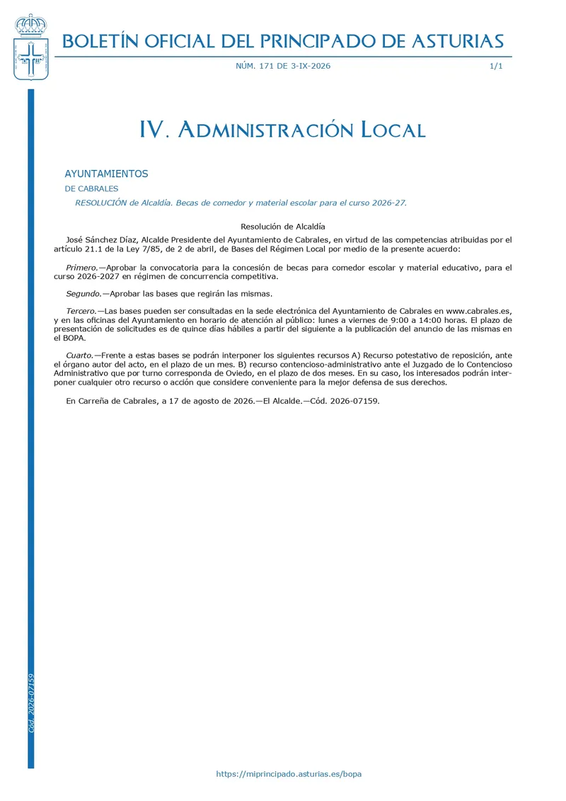 Cabrales abre el plazo para becas de comedor y material escolar