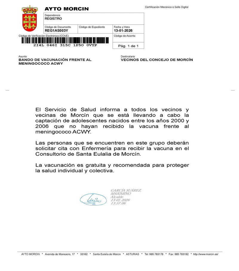 Morcín llama a la vacunación contra el meningococo ACWY para adolescentes