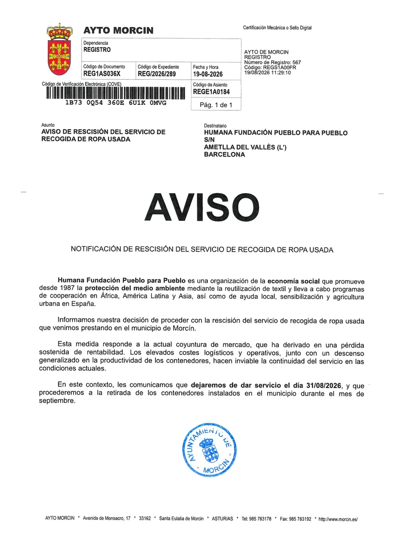 Morcín retira los contenedores de ropa usada por inviabilidad del servicio