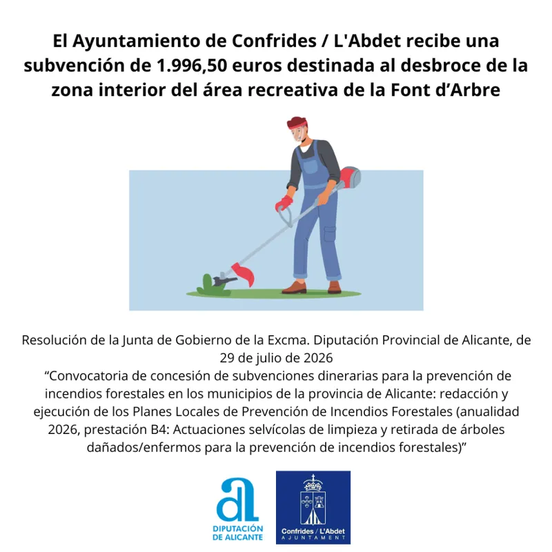 Confrides recibe una subvención para mejorar el área recreativa de la Font d’Arbre